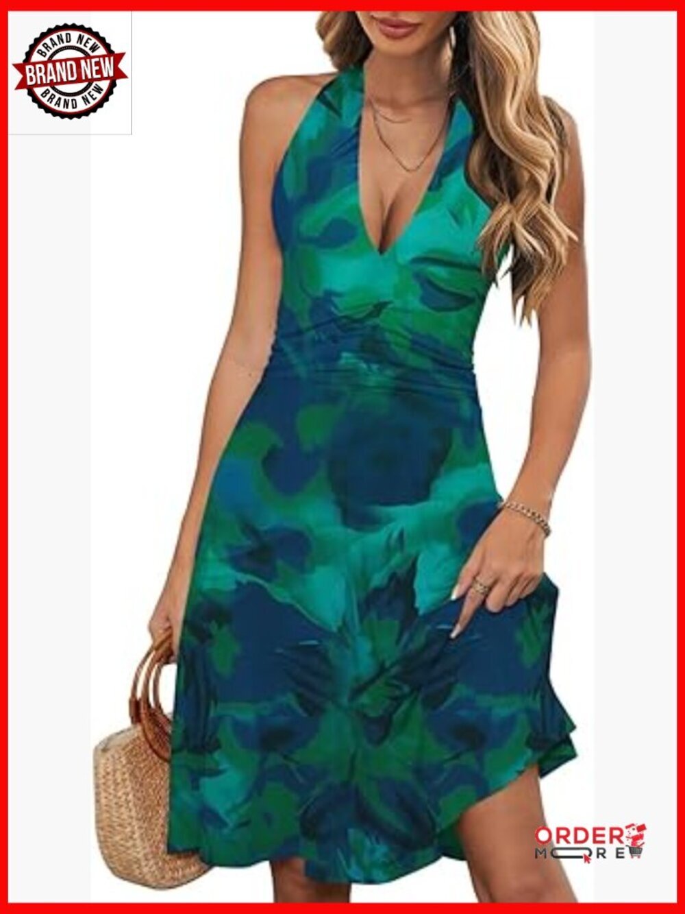 Halter Neck Sleeveless Flowy Midi Dress with Pockets